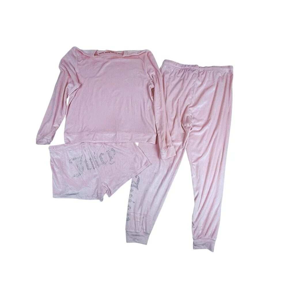 Juicy Couture Pink Velour 3 Piece Pajama Lounge Set Rhinestone Logo L